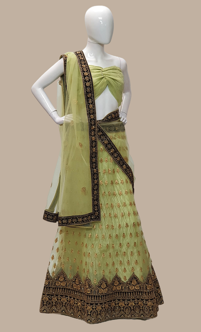 Light Olive Green Embroidered Lengha