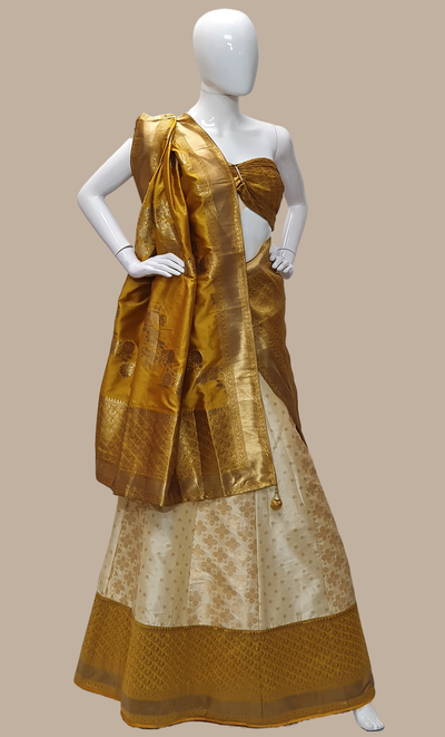 Mustard Brocaded Skirt Set With Matching Face Mask