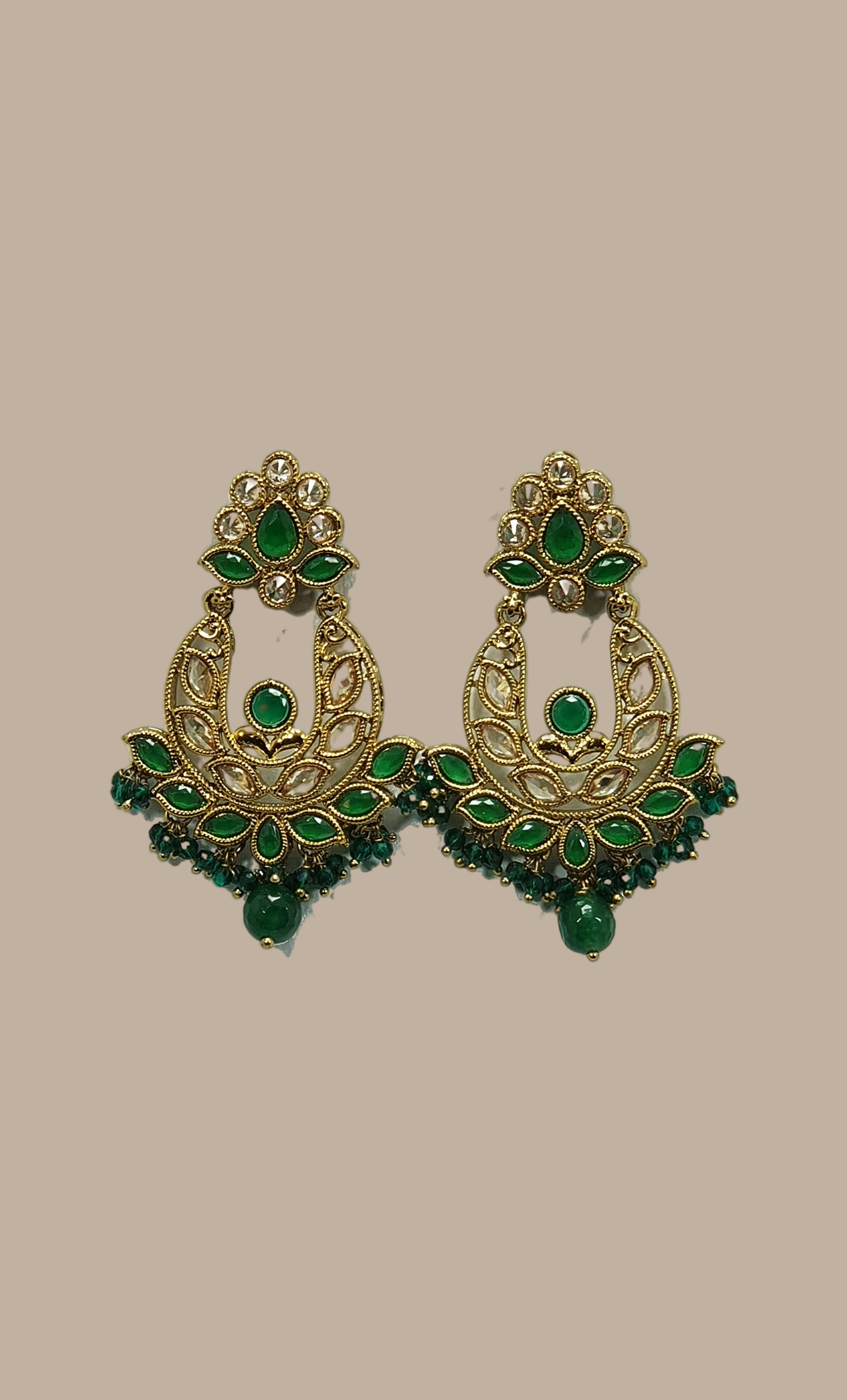 Green & Light Rose Gold Stone Work Drop Earrings