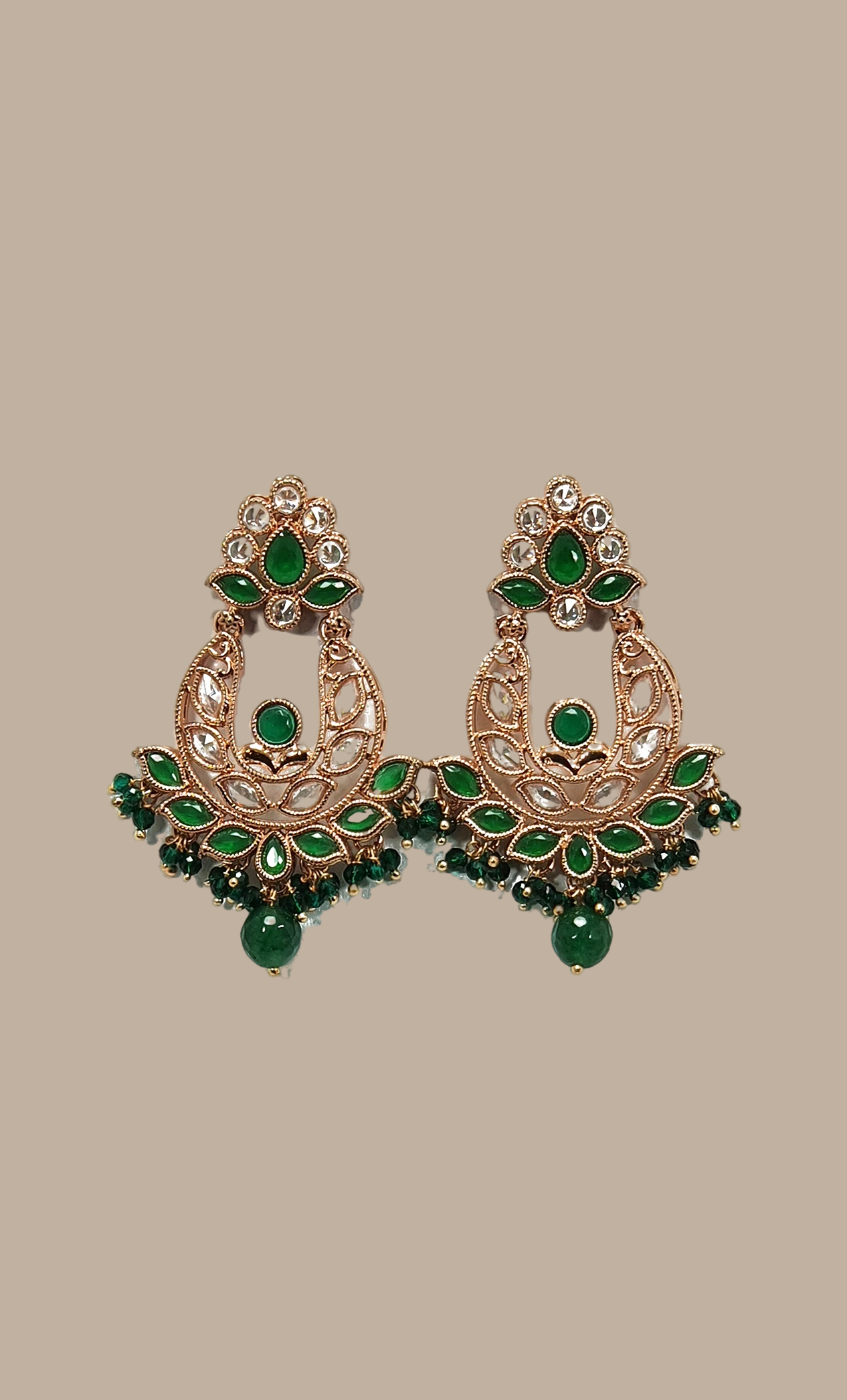 Light Rose Gold & Green Stone Work Drop Earrings