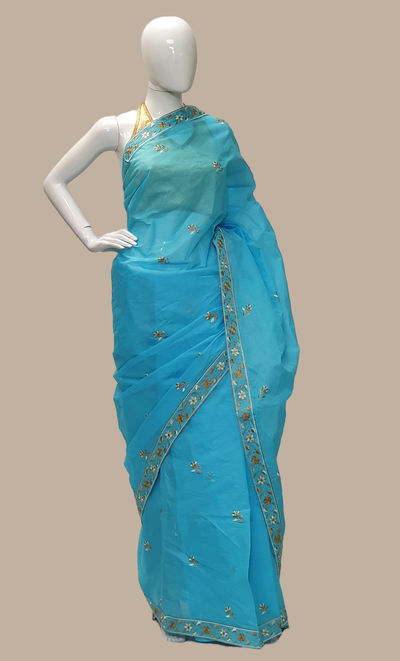 Sky Blue Cotton Embroidered Sari