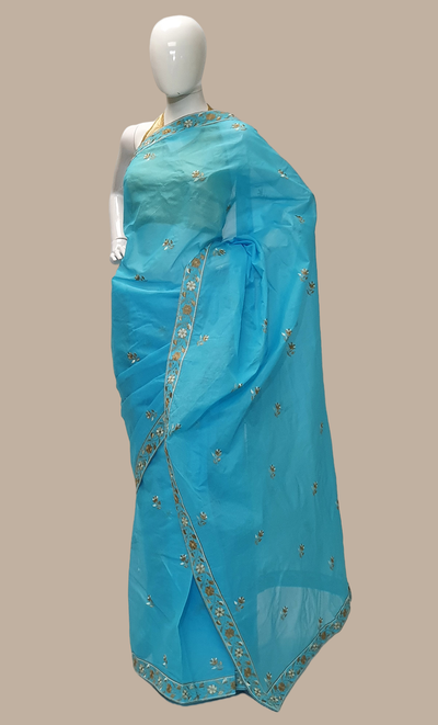 Sky Blue Cotton Embroidered Sari