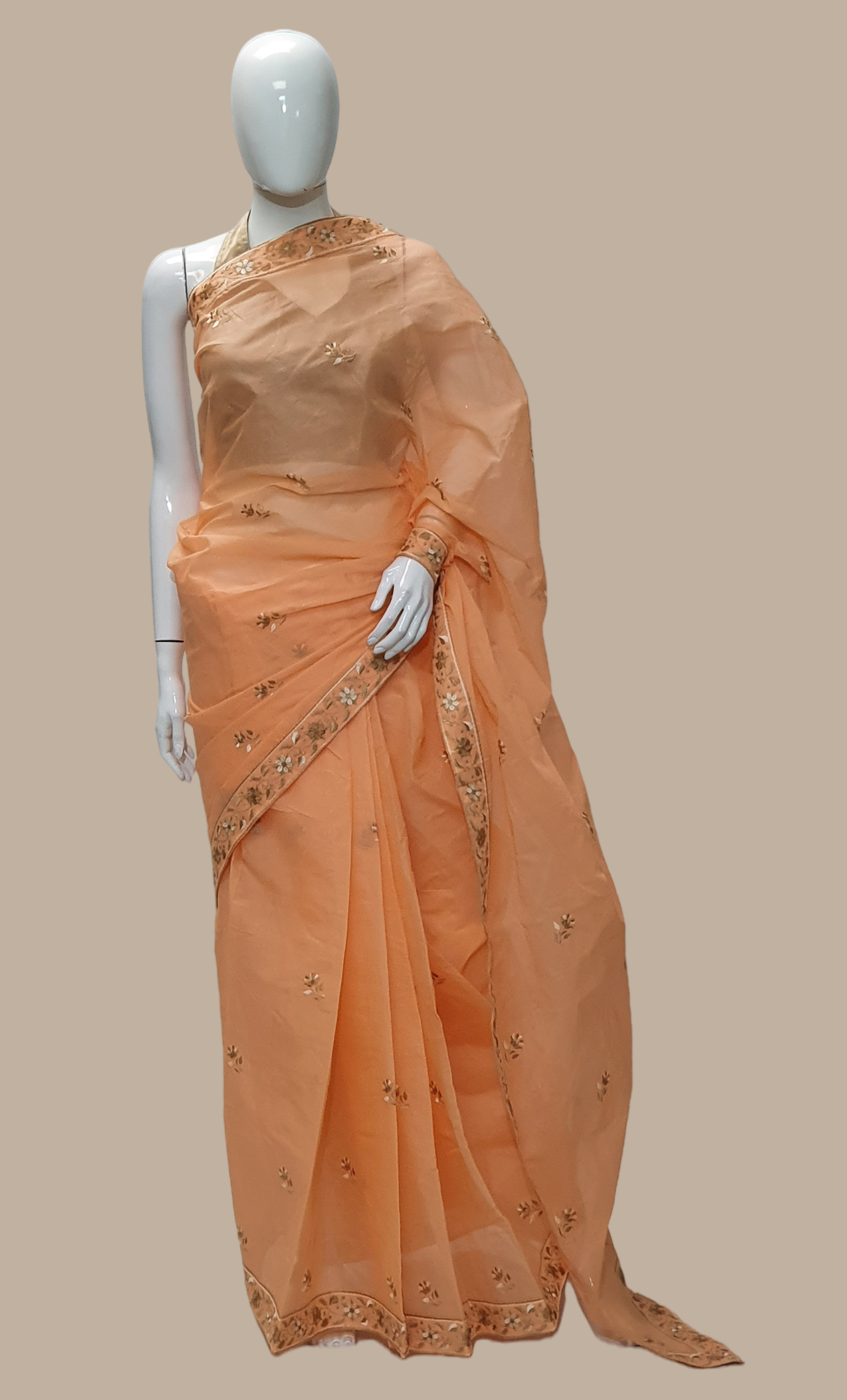 Peach Cotton Embroidered Sari