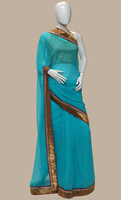 Aqua Blue Right Hand Embroidered Sari