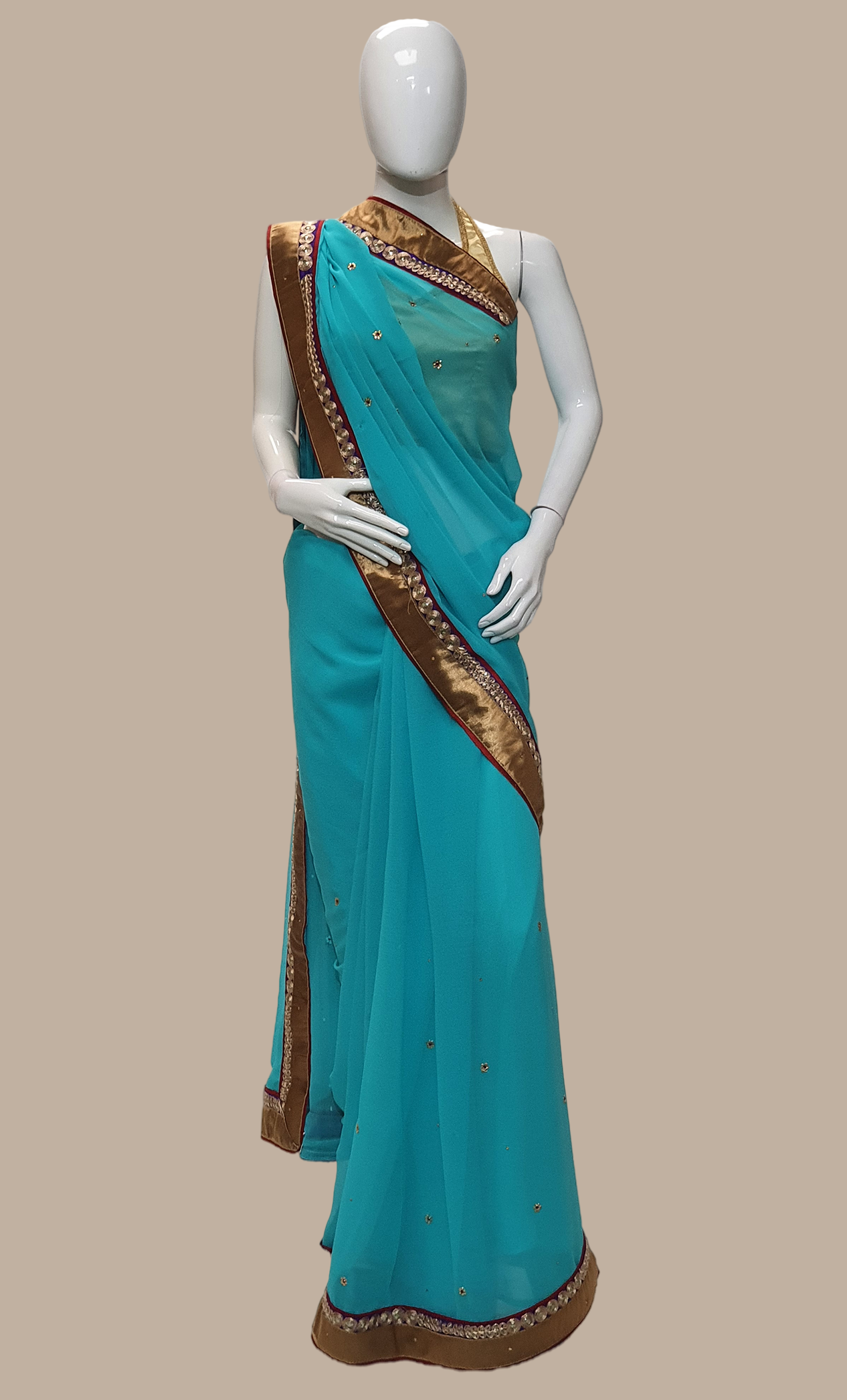 Aqua Blue Right Hand Embroidered Sari