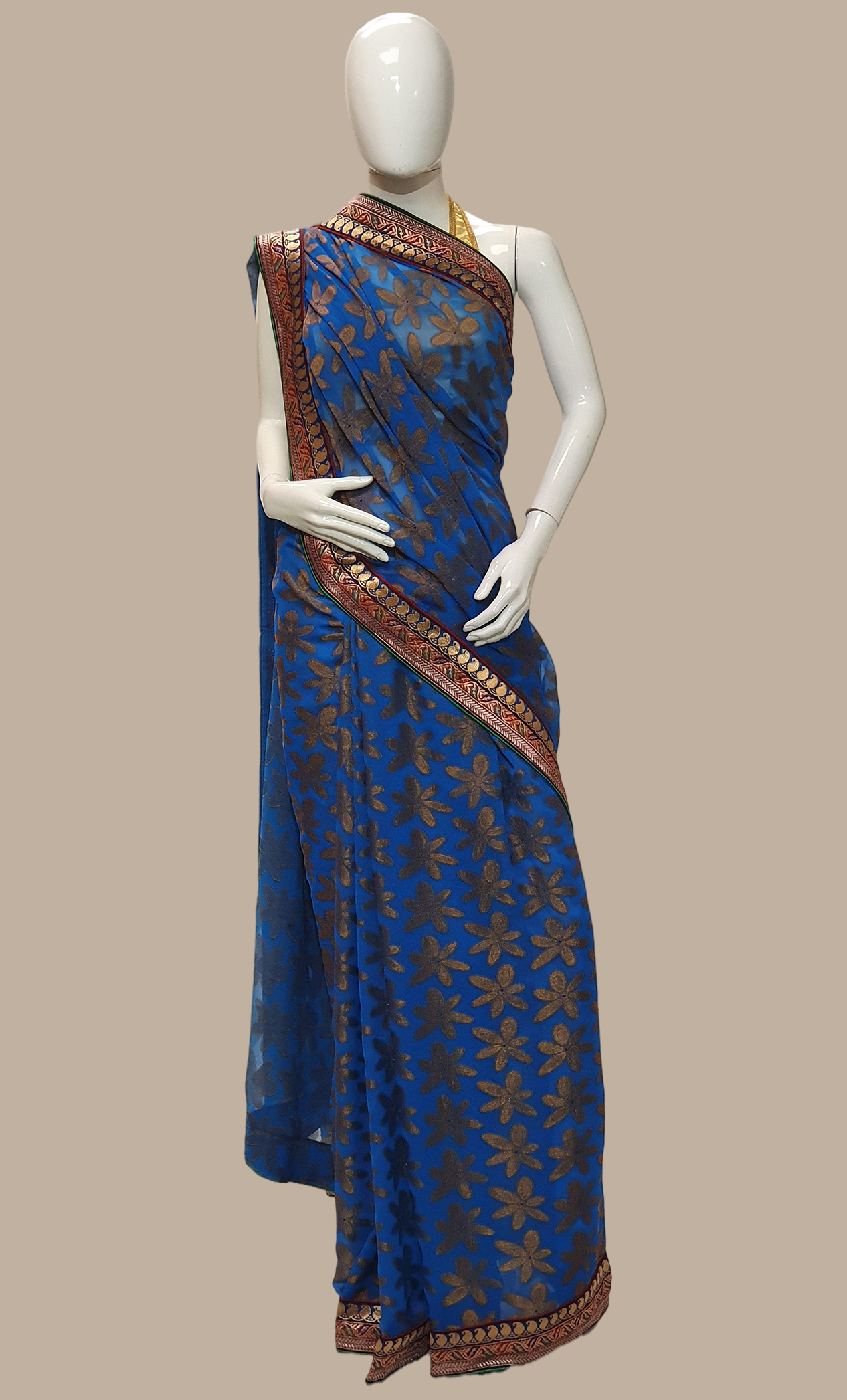 Blue Right Hand Embroidered Sari