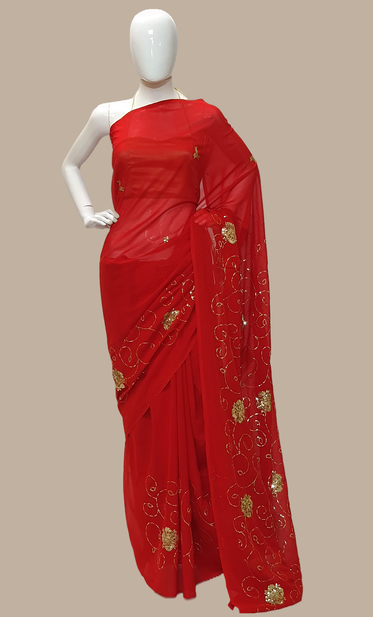 Red Sequence Embroidered Prayer Sari
