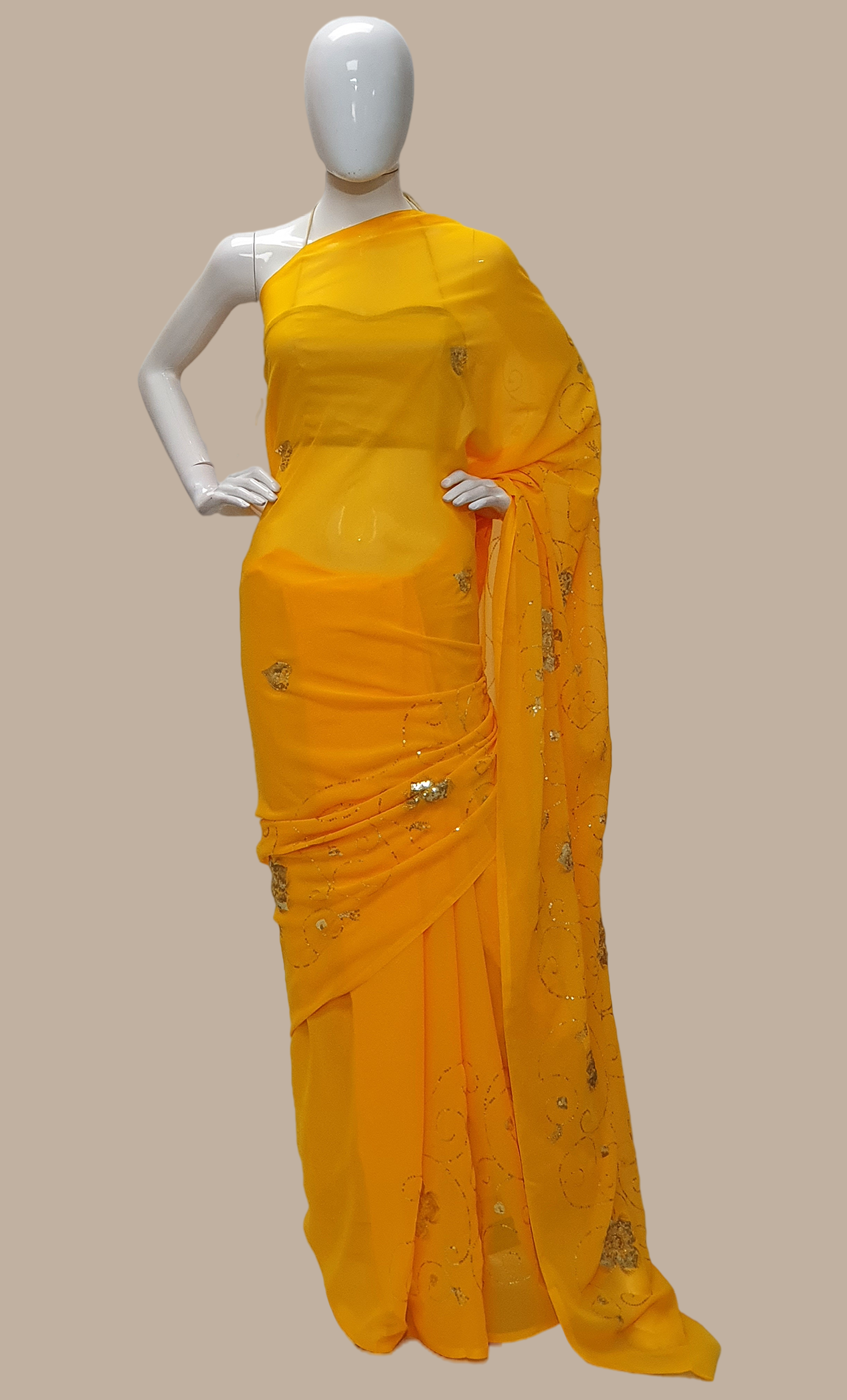 Bright Yellow Sequence Embroidered Prayer Sari