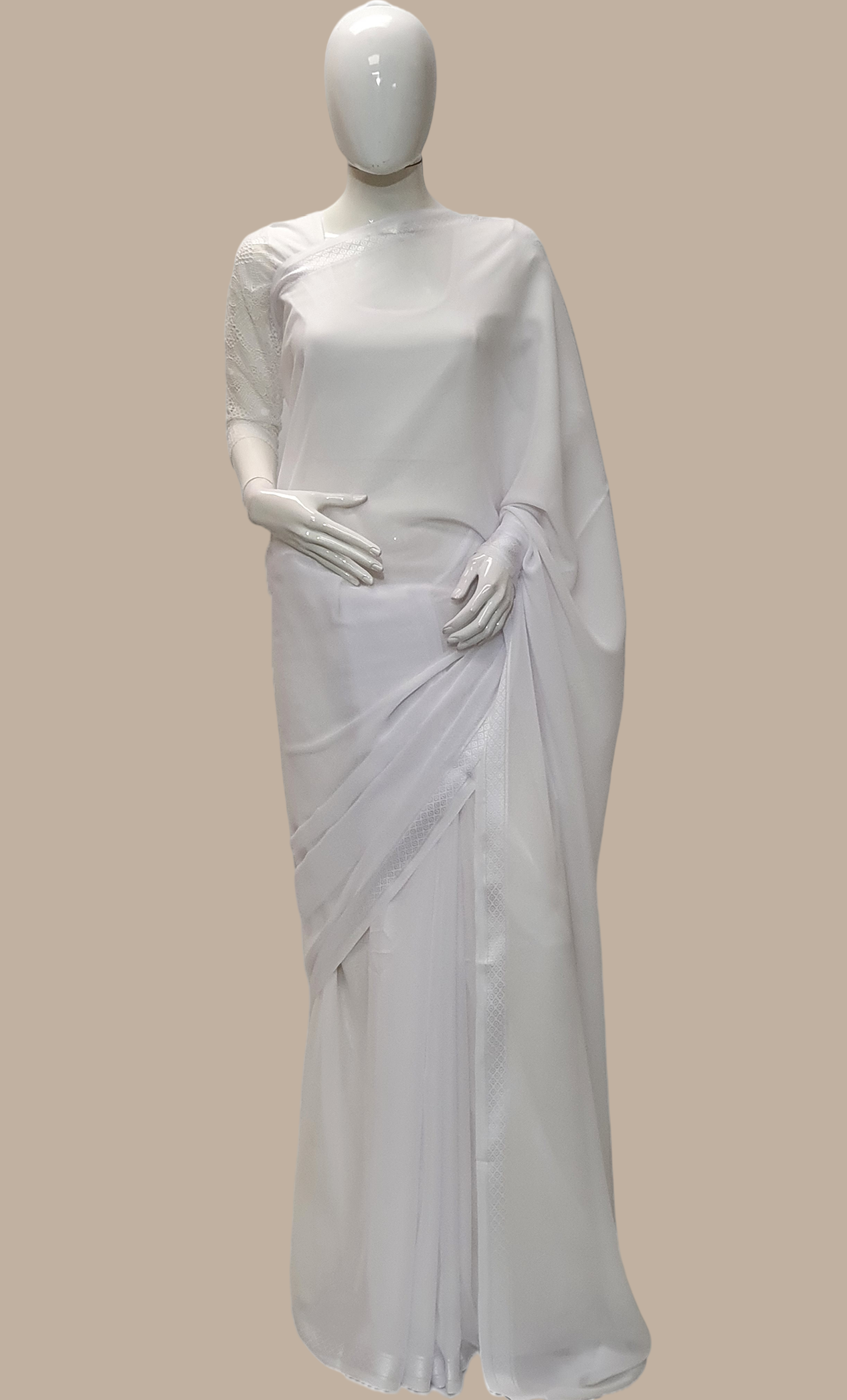 Chiffon White Prayer Sari