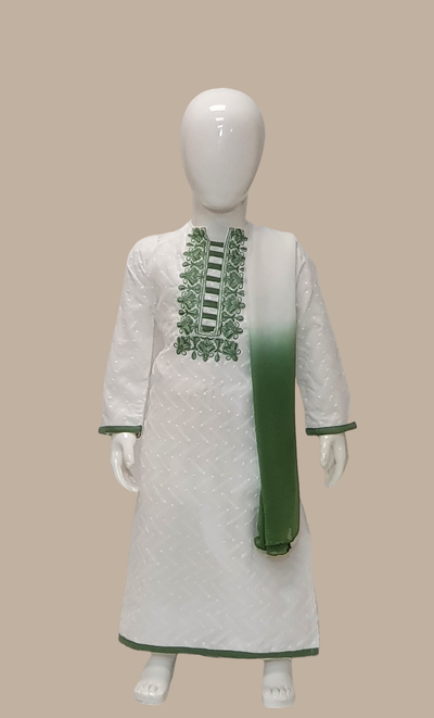 Green Cotton Embroidered Girls Punjabi
