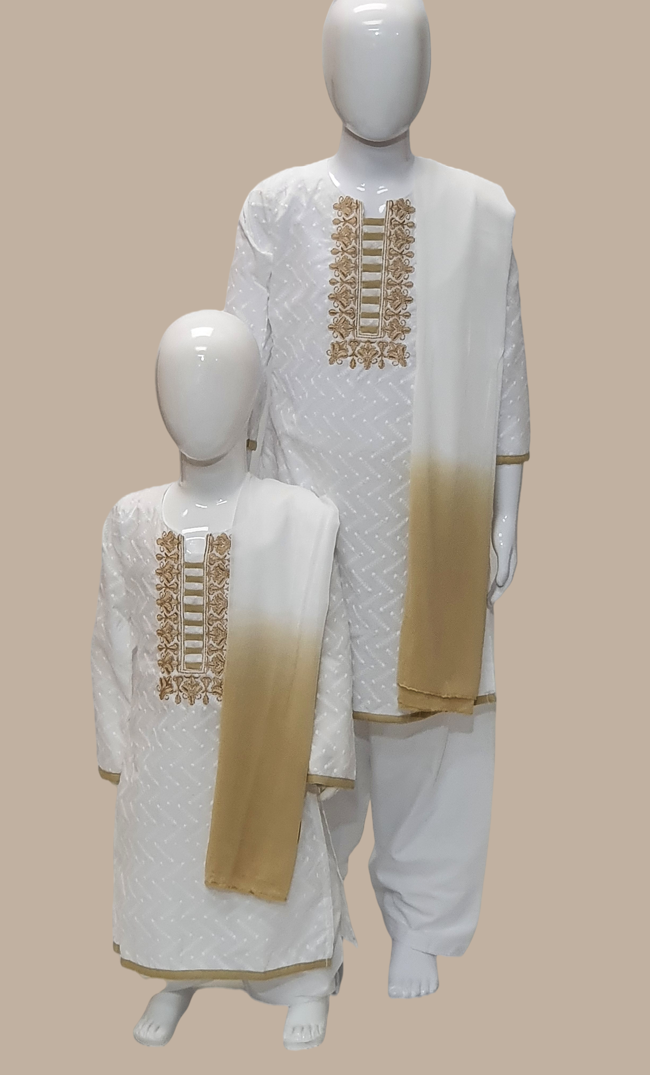 Beige Cotton Embroidered Girls Punjabi